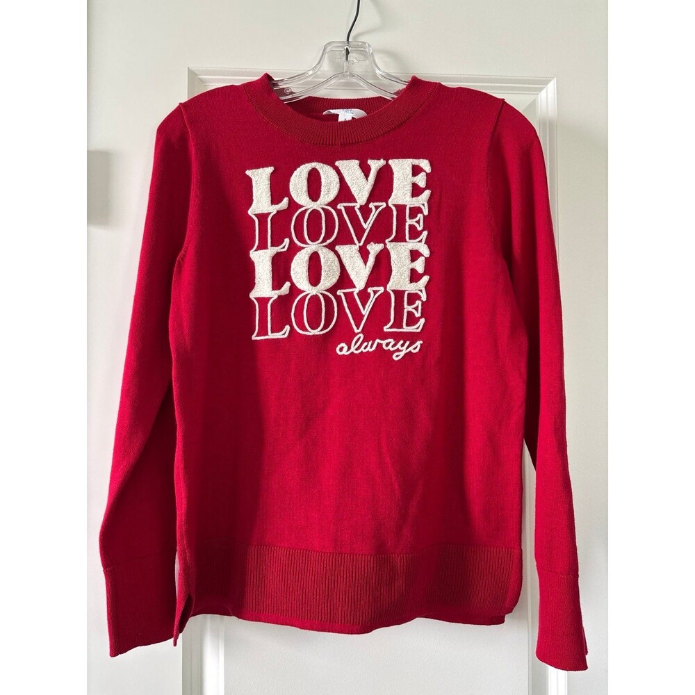Y2K Red LOVE stacked graphic crewneck knit sweater cotton NWOT Holiday Valentine